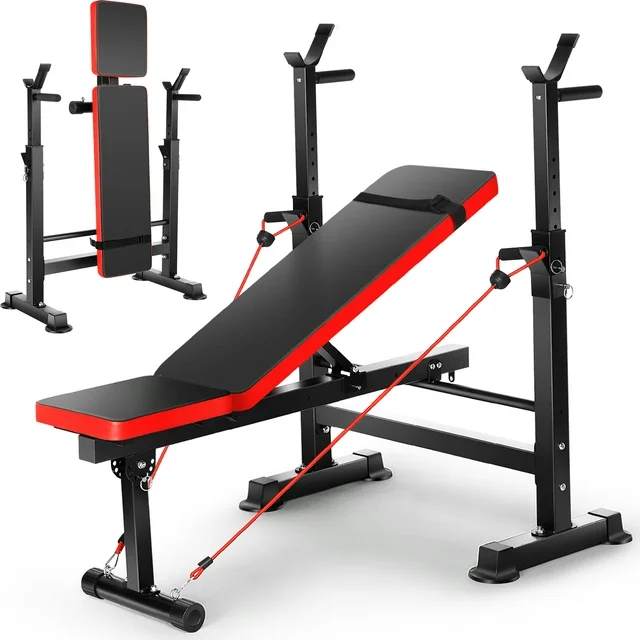 VIBESPARK Adjustable Weight Bench 600lbs 4-in-1 Foldable Workout Bench Set with Barbell Rack, Resistance Bands, Multi-Function Strength Training Bench Press Exercise Equipment for Home Gym