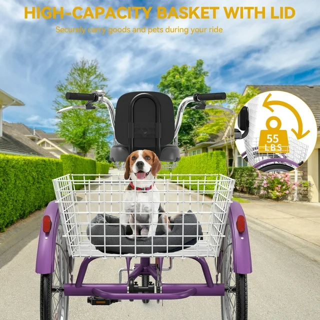 Dextrus Adult Tricycle, 24 Inch 3 Wheel Bikes, 1 Speed Trike Bike for Adults with Removable Baskets, Cruiser Bike for Seniors Women Men Shopping Picnic Outdoor Sports, Purple - Image 2