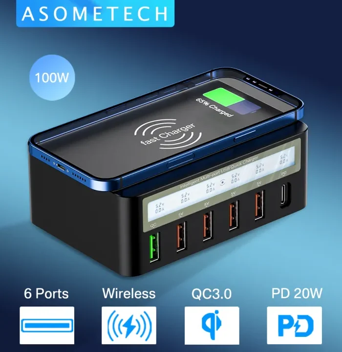 ASOMETECH 100W Multi USB Charger Quick Charge 3.0 Adapter HUB Wireless Charging Smart LCD Charger Station PD USB C Charger For iPhone 13 Oppo Samsung