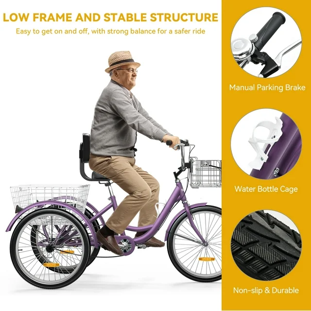 Dextrus Adult Tricycle, 24 Inch 3 Wheel Bikes, 1 Speed Trike Bike for Adults with Removable Baskets, Cruiser Bike for Seniors Women Men Shopping Picnic Outdoor Sports, Purple - Image 4