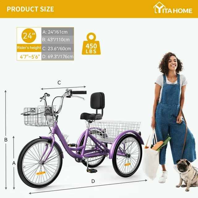 Dextrus Adult Tricycle, 24 Inch 3 Wheel Bikes, 1 Speed Trike Bike for Adults with Removable Baskets, Cruiser Bike for Seniors Women Men Shopping Picnic Outdoor Sports, Purple - Image 3